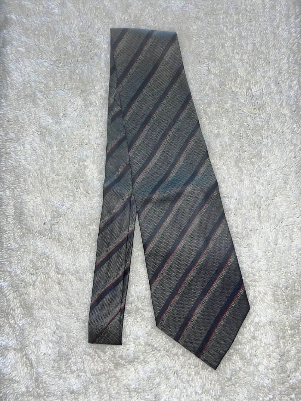 Giorgio Armani Gray Tie with Subtle Red and Navy Stripes